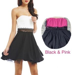 Black & Pink Crochet-Panel Strapless Dress, 8